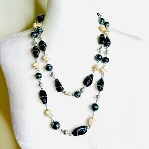 Black Off White Silver Tone Wire Wrapped Glass and Acrylic Accents Long Necklace